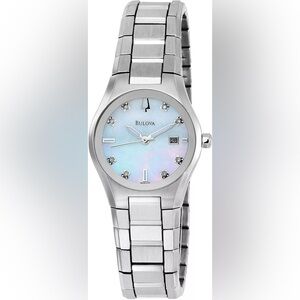 Bulova 96P108 8 Diamonds Silver Tone White Mother of Pearl Dial Womens Watch